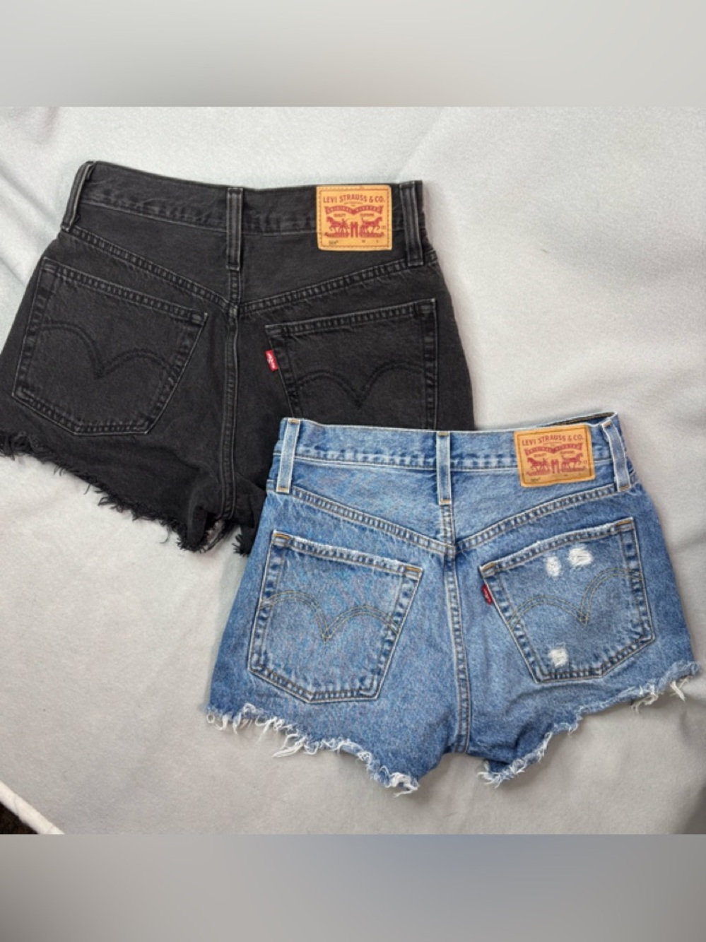 Levi's 501 S Button Fly Raw Hem Black & Blue Distressed Denim Shorts Duo - Picture 2 of 7